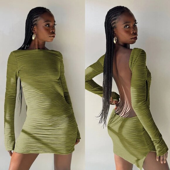 NWT Princess Polly Green Long Sleeve Open Back Ignite Mini Dress - Picture 1 of 7